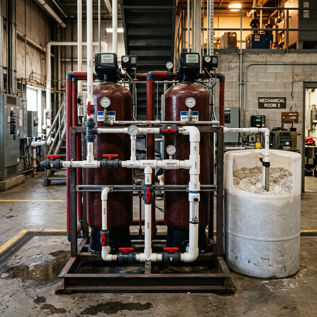 Skid-mounted industrial water softeners